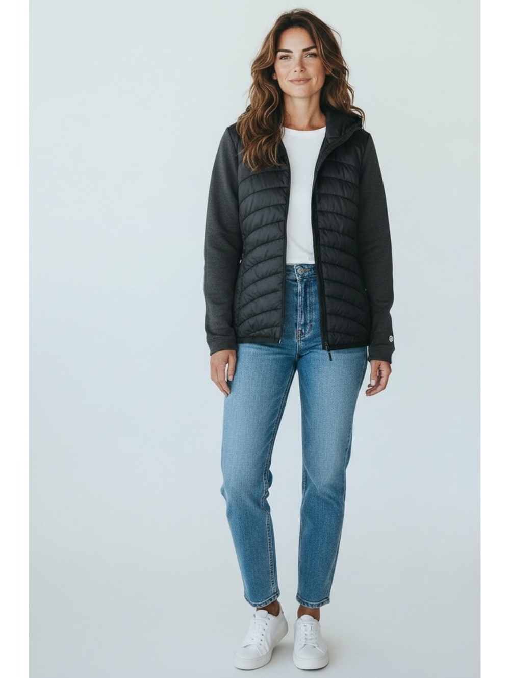 Free Country Women's Medium Black Quilted and Knit Hybrid Hooded Jacket